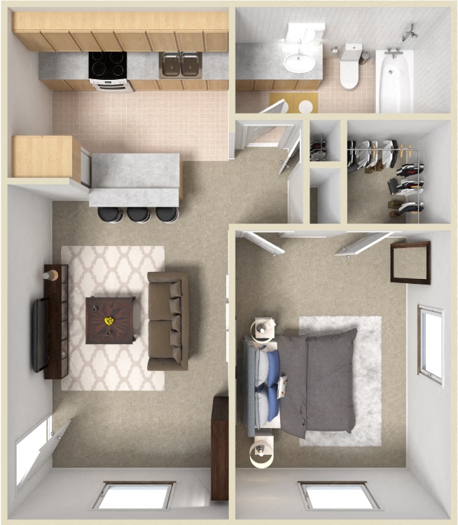 Floor plan for 1 bed, 1 bath, 568 sqft